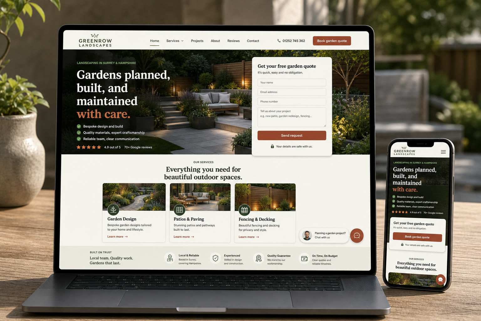 Landscaping website demo concept shown on a laptop and phone with chat widget
