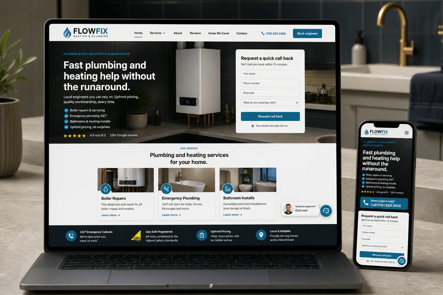 Plumbing and heating website demo concept shown on a laptop and phone with chat widget