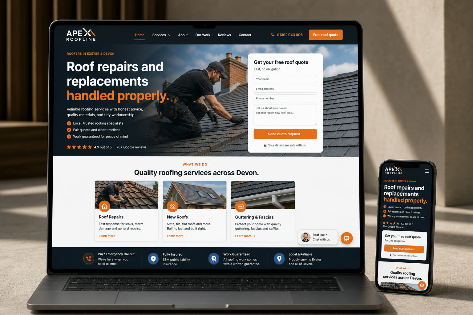Roofing website demo concept shown on a laptop and phone with chat widget