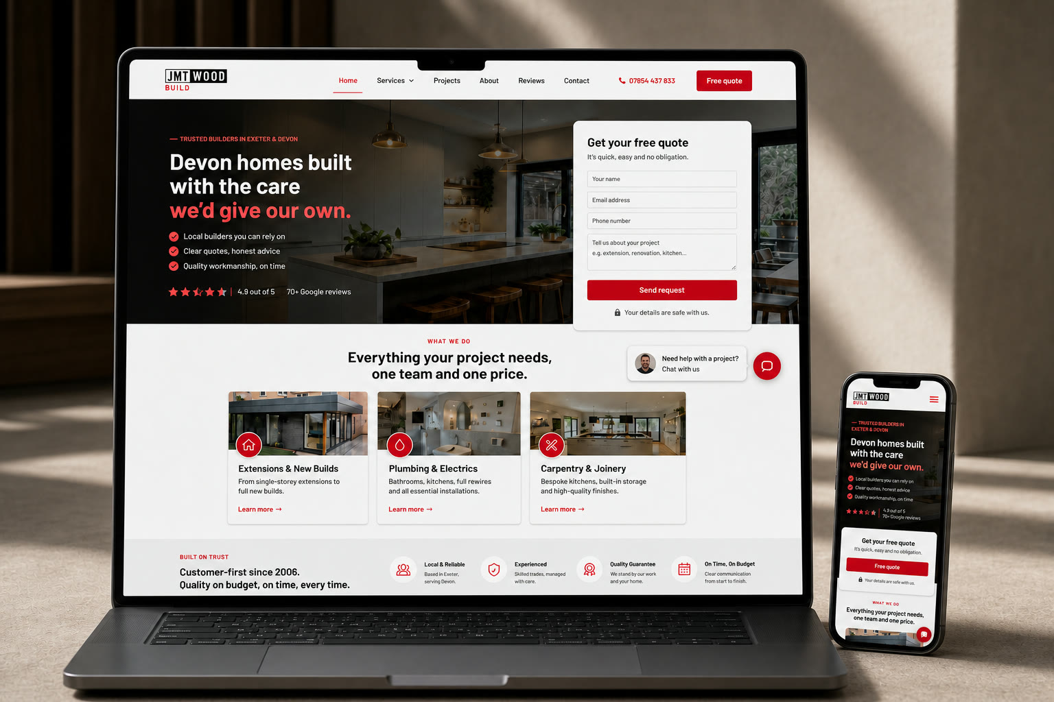 JMT Wood Build laptop and mobile website mockup with chat widget