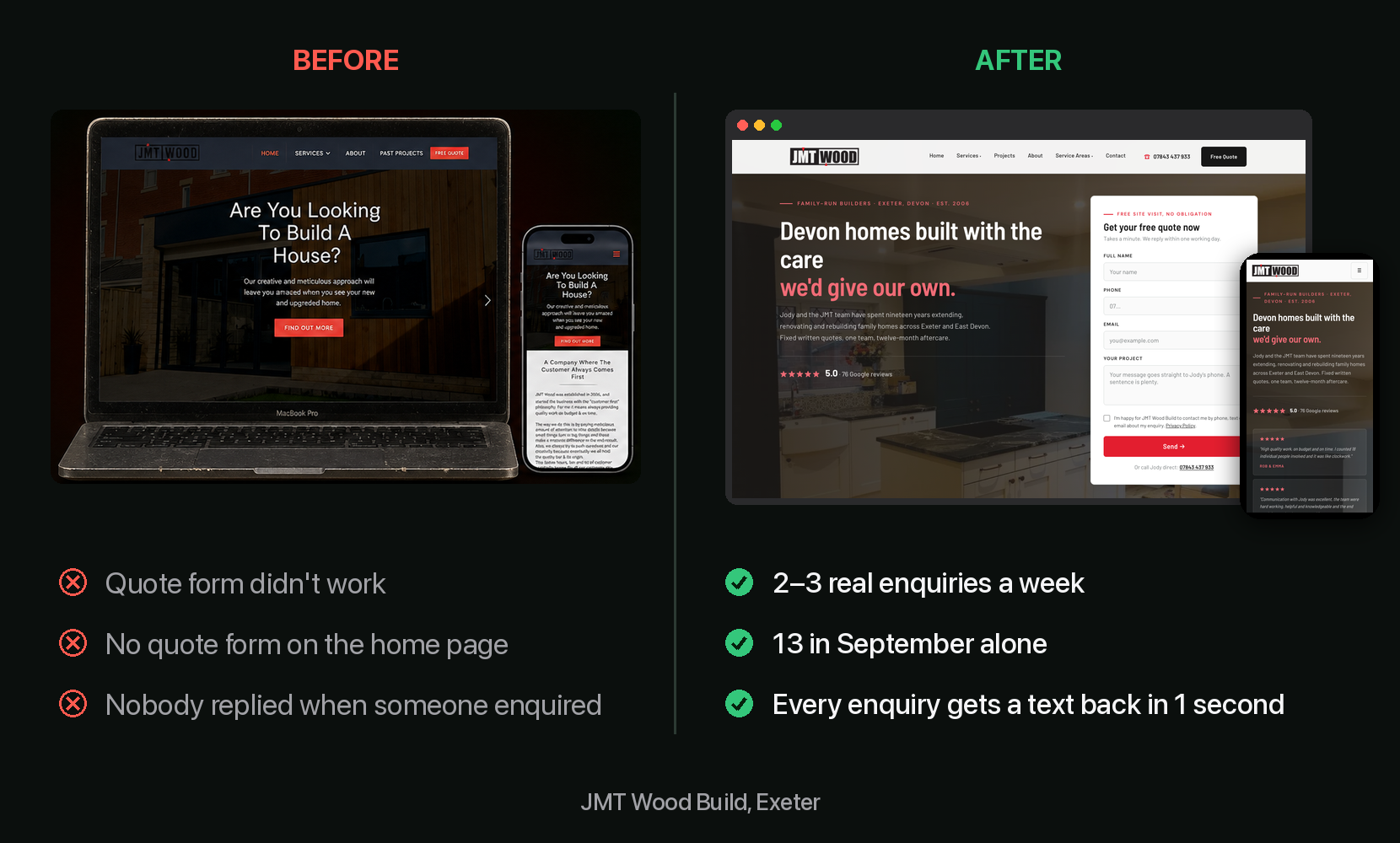 JMT Wood Build website before and after Growvio: 2–3 real enquiries a week.