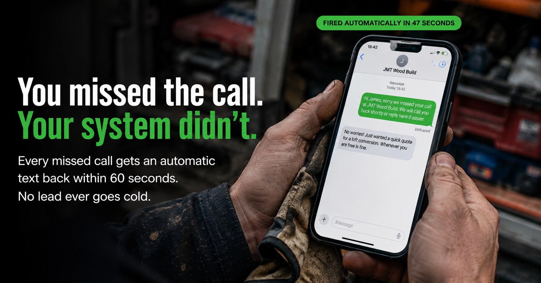Phone showing automatic text-back after a missed call.