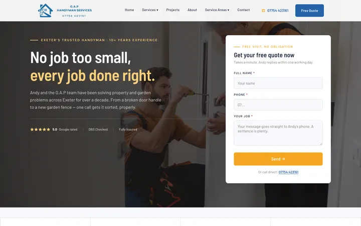 Homepage of the Andy's GAP Services example site, with a quote form and phone number at the top