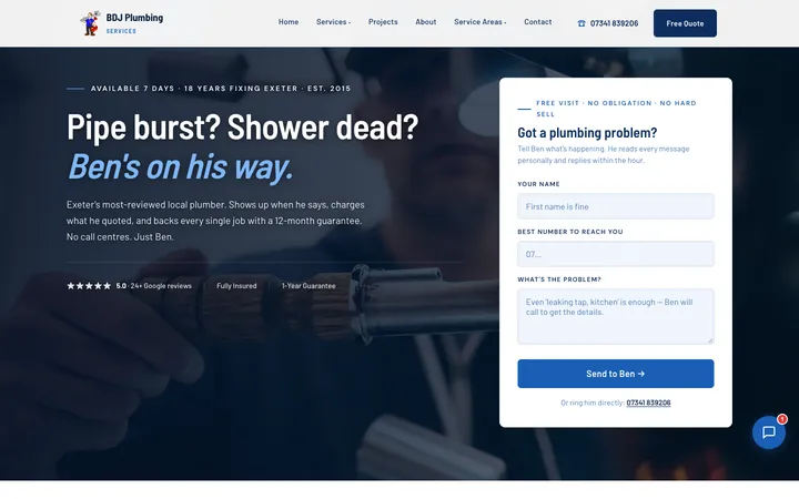 Homepage of the BDJ Plumbing Services example site, with a quote form and phone number at the top