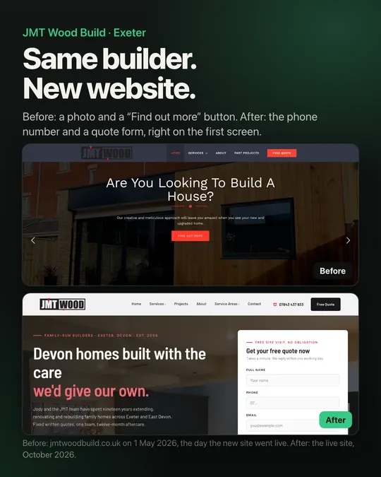 JMT Wood Build's old website next to the new one, with the phone number and quote form on the first screen