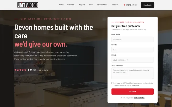 Homepage of the JMT Wood Build website, with the quote form on the first screen