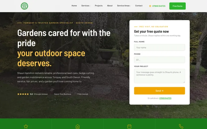 Homepage of the S Hamilton Garden Services example site, with a quote form and phone number at the top